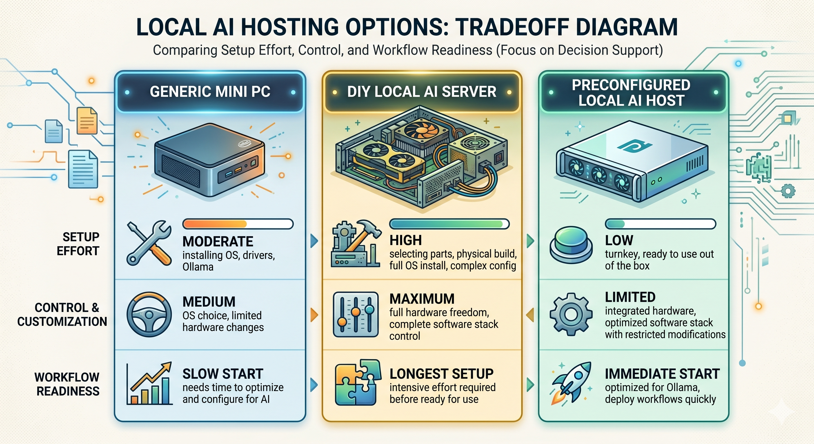 Tradeoff diagram comparing a generic mini PC, a DIY local AI server, and a preconfigured local AI host for Ollama